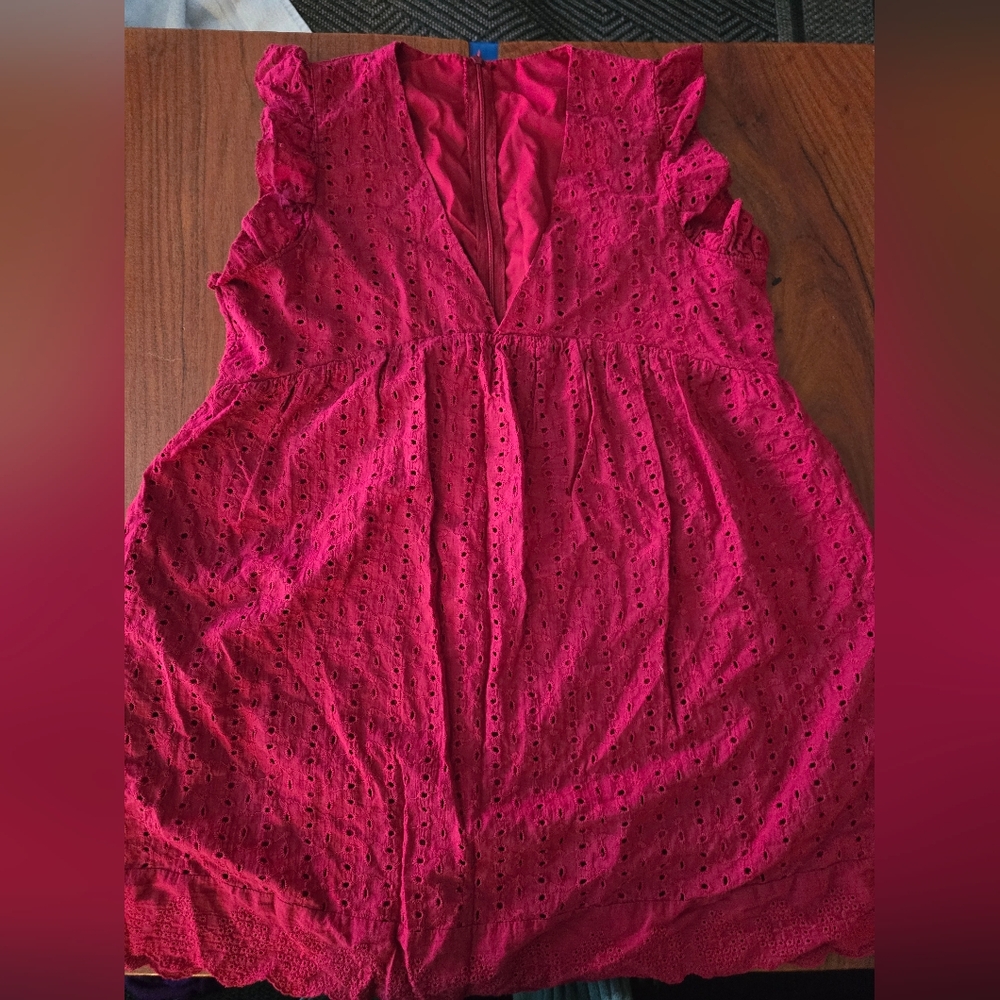 Vibrant Red Eyelet Dress With Short And 2 Pockets Resort Dress